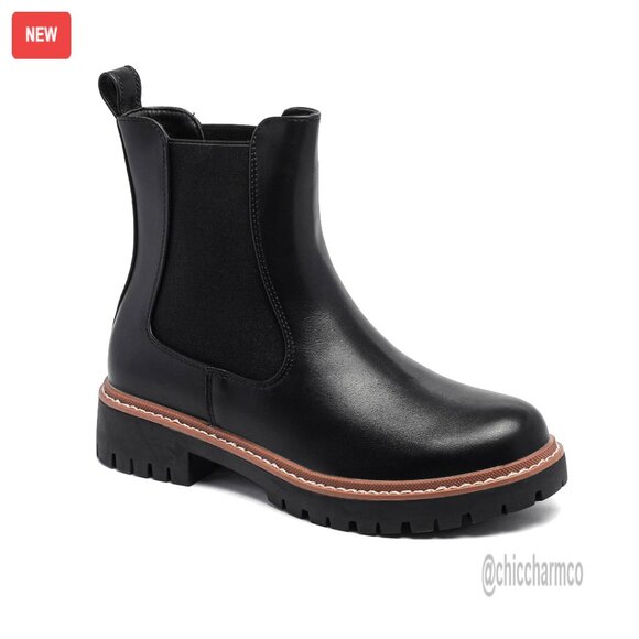 Women's Chelsea Boots Lug Sole Ankle Booties Waterproof PU Leather